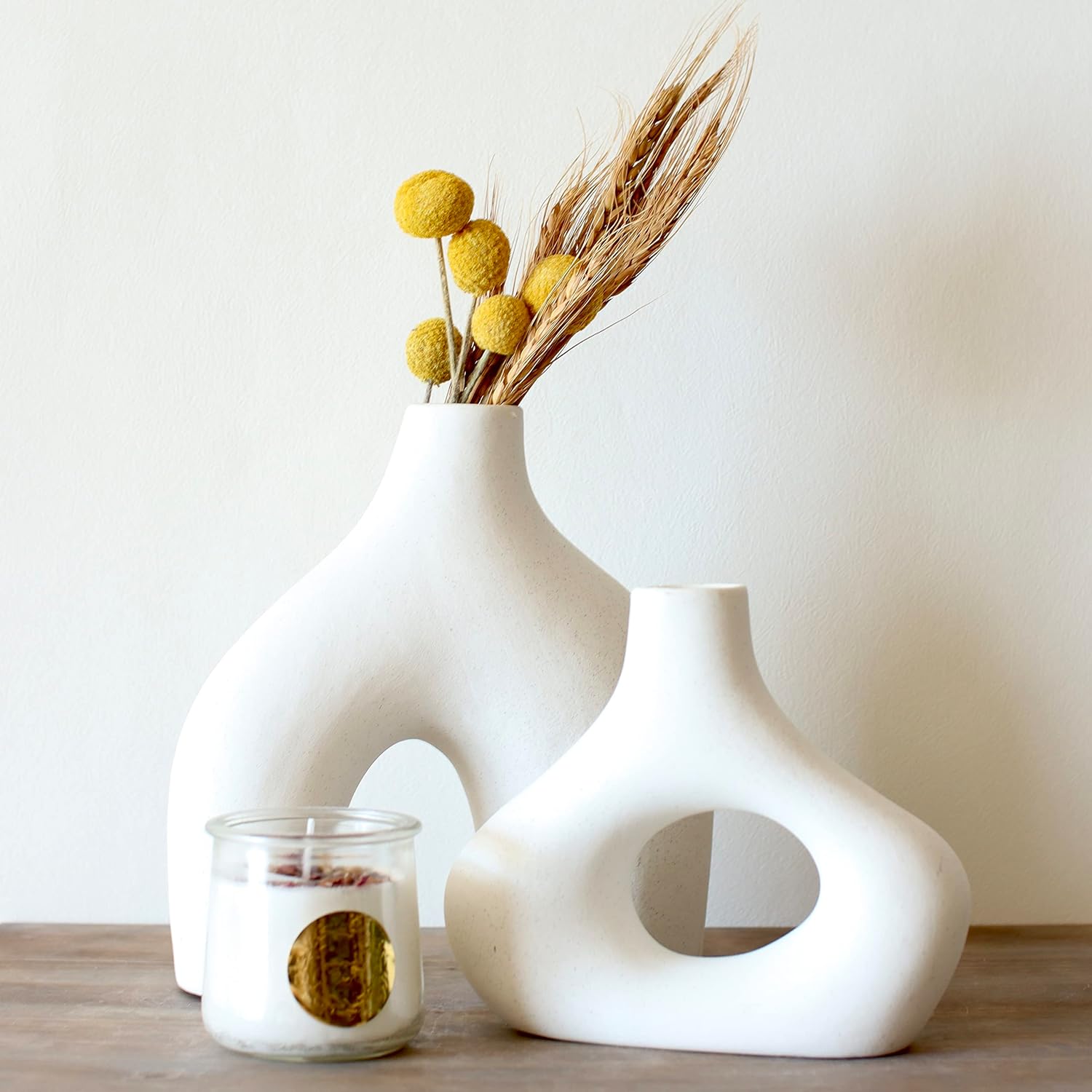 Donut Vase, Set of 2 - Minimalist Nordic Style, White Ceramic Hollow Donut Vase Decor | Table Centerpiece, Boho, Wedding, Living Room, Bookshelf, Office, Modern Home Decor (Warm White)