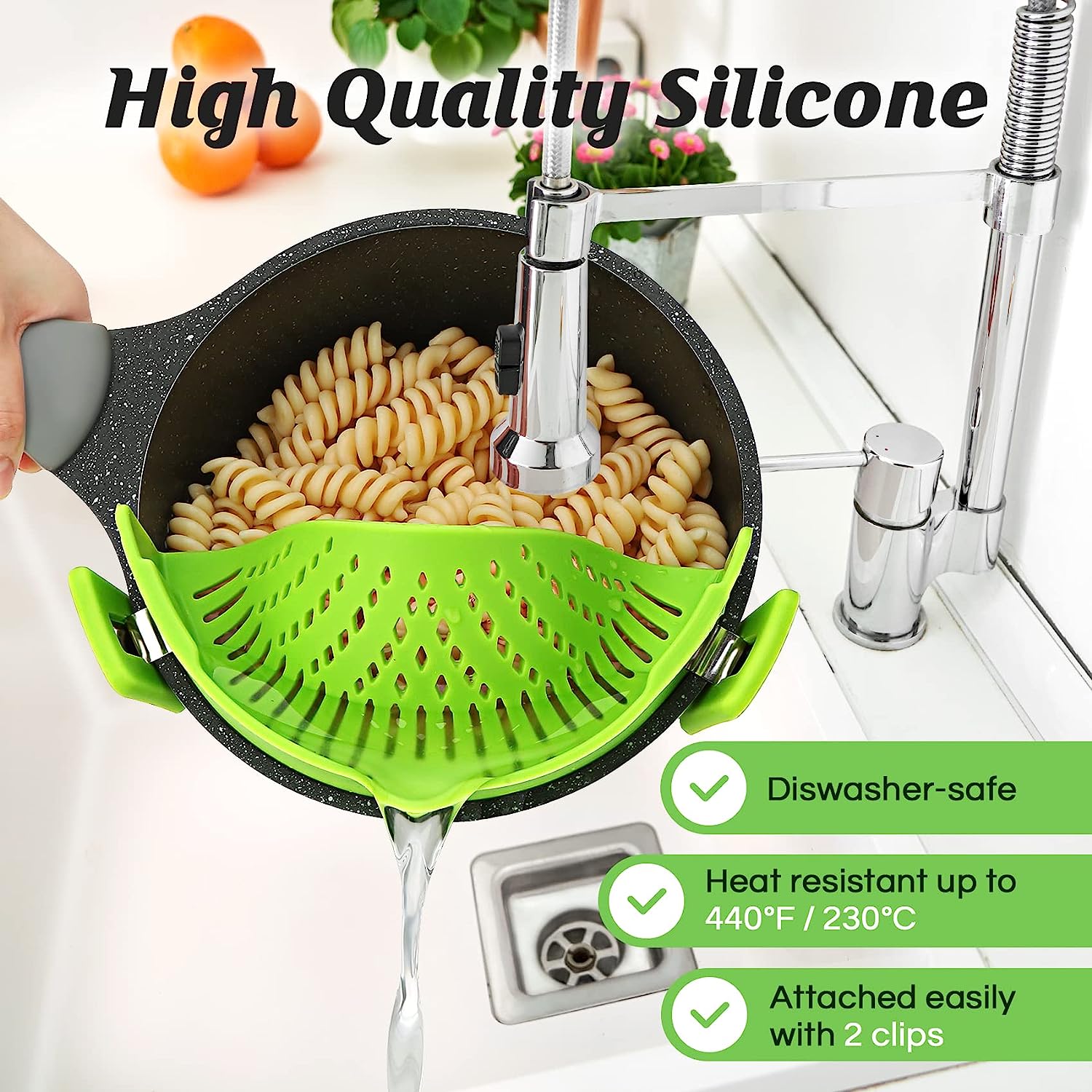 Pasta Strainer, Pot Strainer Clip on Silicone – Adjustable Clip on Strainer for Pots, Strainers and Colanders, Silicone Strainer, Food Strainer, Pasta Drainer, Colander (Green) by