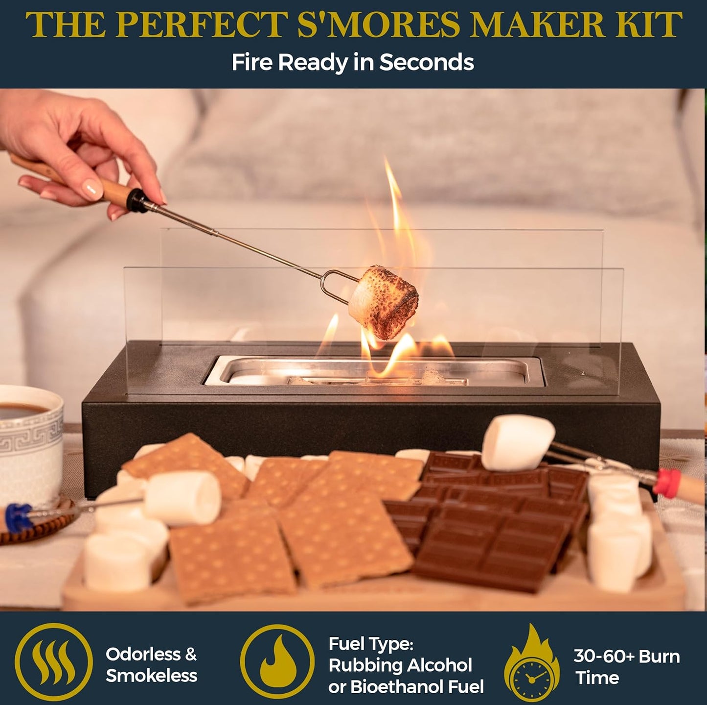 Tabletop Fire Pit with Smores Maker Kit Portable Indoor/Outdoor Mini Small Fireplace Bowl Table Top Decor Home Patio Balcony Backyard Gifts for Women Mom Her Wedding Housewarming Birthday Gift