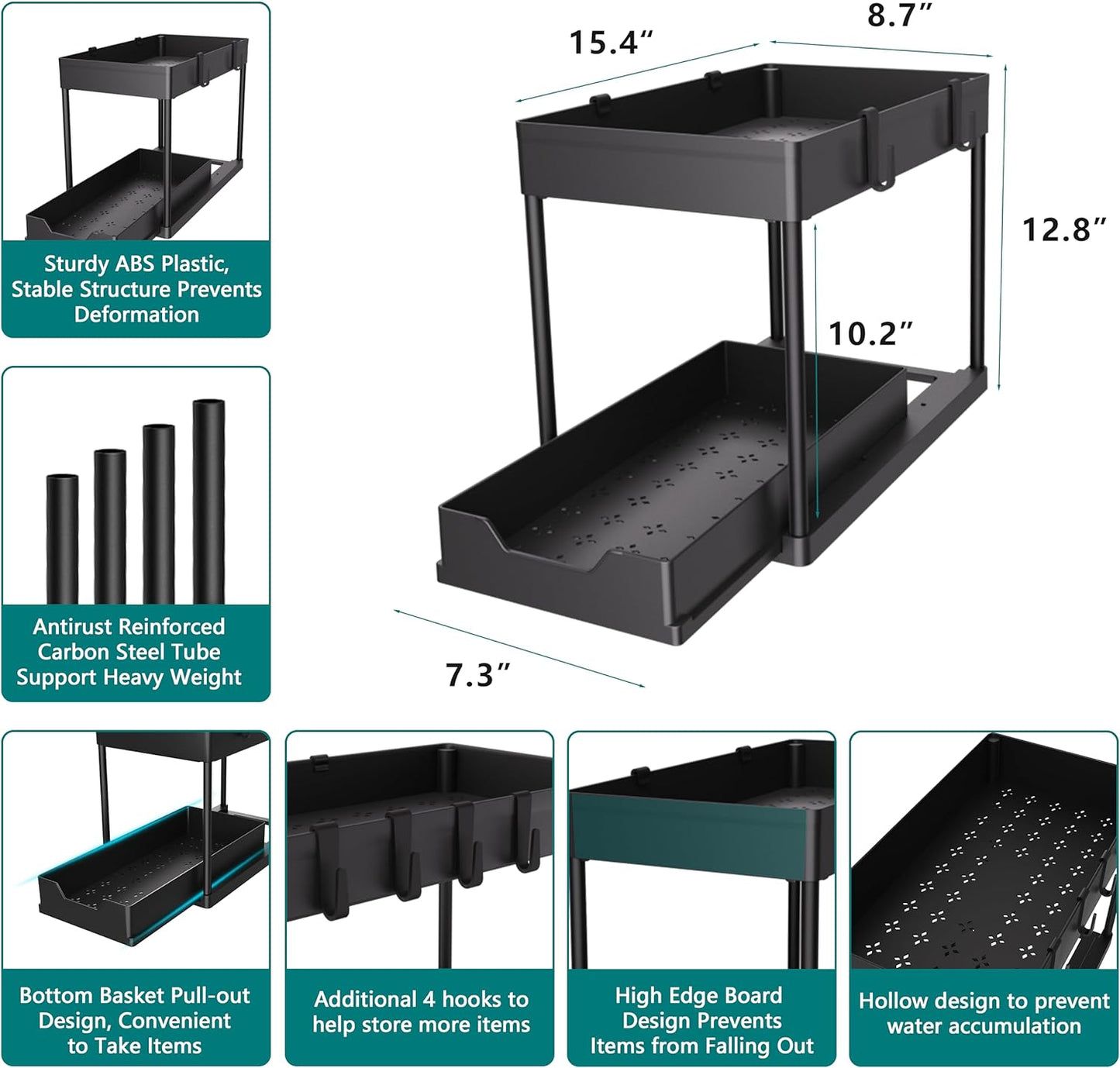 under Sink Organizer 2 Pack，Bathroom Cabinet Organizer，2 Tier Sliding Cabinet Basket Organizer Drawer, Multi-Purpose Bath Collection Baskets for Bathroom (Black)
