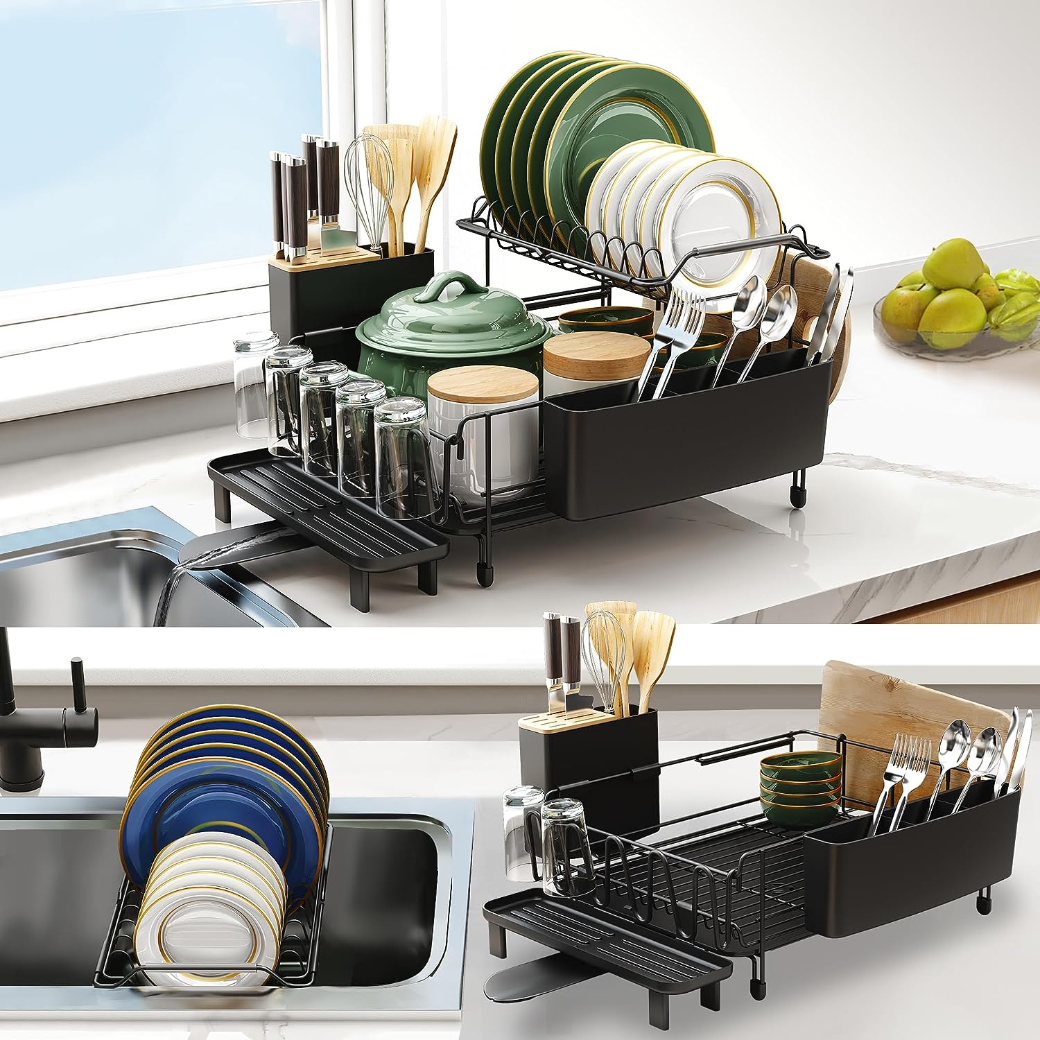 Large Dish Drying Rack with Drainboard Set, Detachable 2-In-1 Large-Capacity 2-Tier over the Sink Dish Drying Rack and Dish Drainer for Kitchen Counter