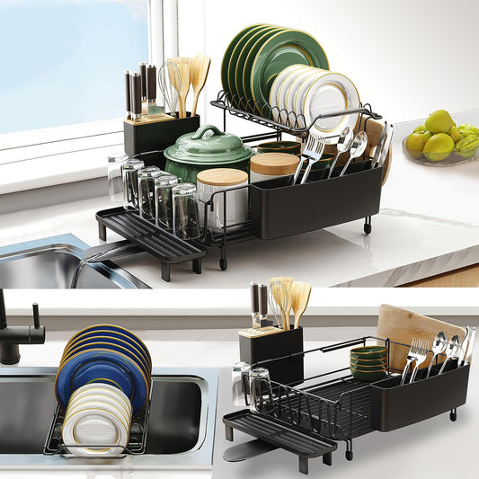 Large Dish Drying Rack with Drainboard Set, Detachable 2-In-1 Large-Capacity 2-Tier over the Sink Dish Drying Rack and Dish Drainer for Kitchen Counter