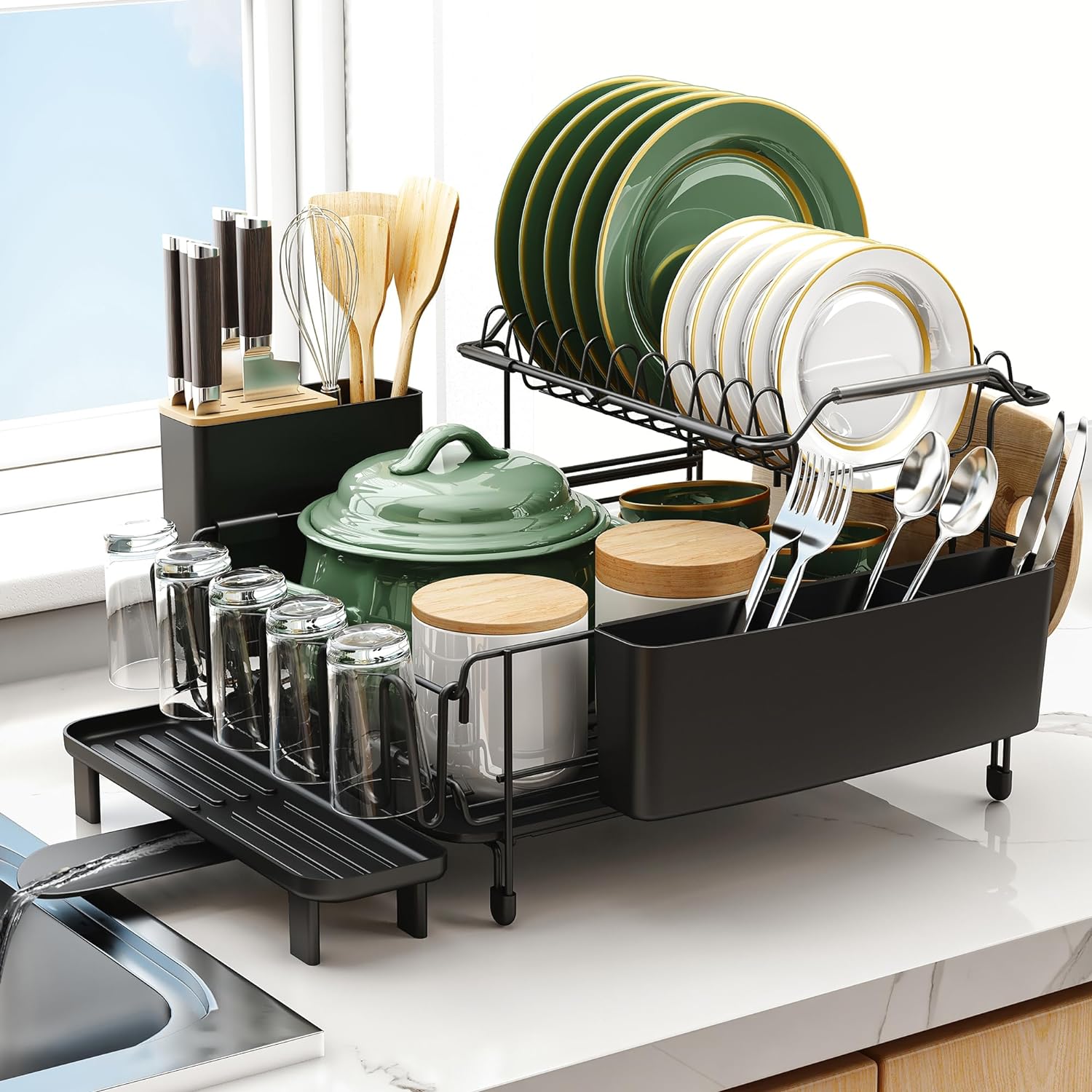 Large Dish Drying Rack with Drainboard Set, Detachable 2-In-1 Large-Capacity 2-Tier over the Sink Dish Drying Rack and Dish Drainer for Kitchen Counter