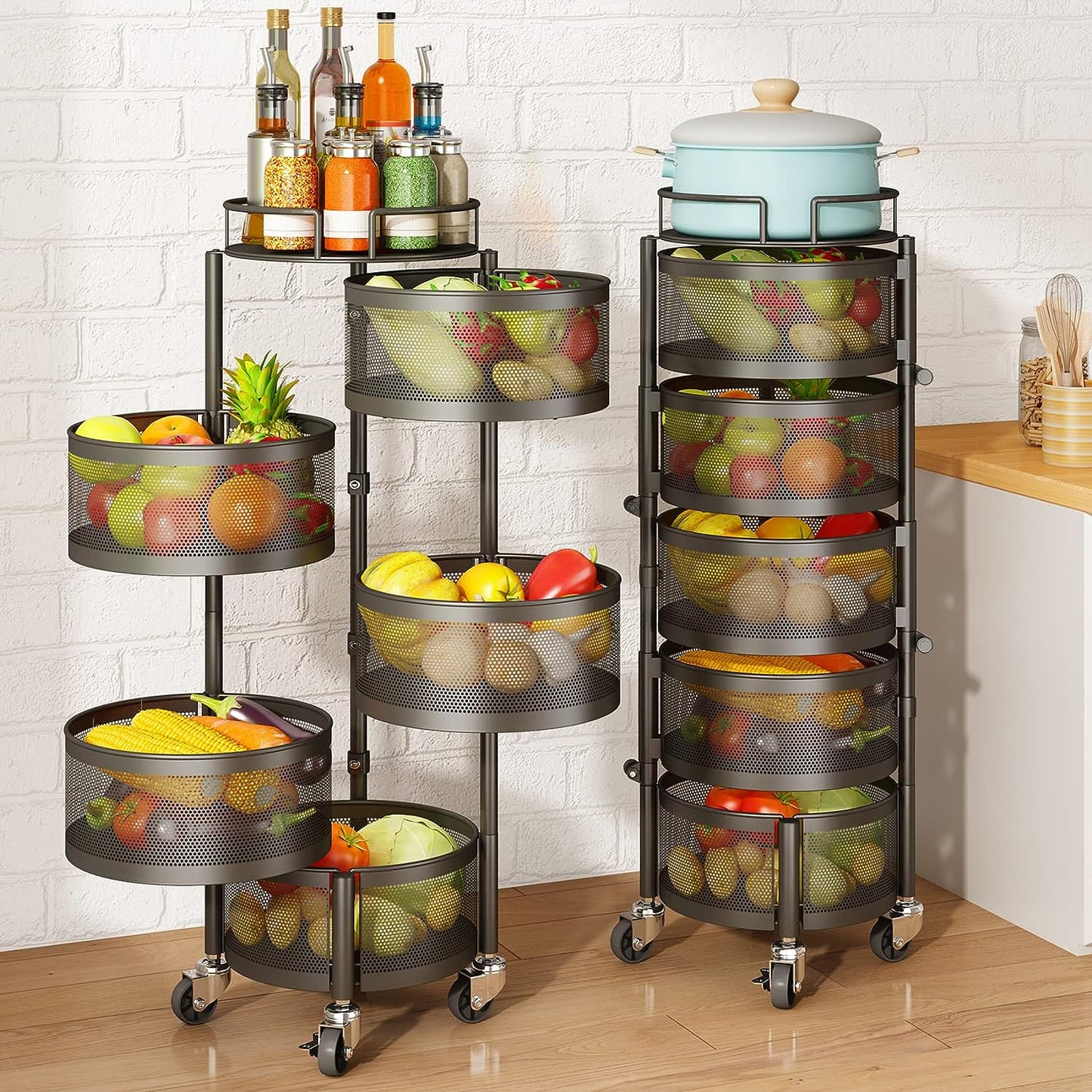 Fruit and Vegetable Basket Bowls for Kitchen with Metal Top Lid,  5 Tier Rotating Storage Rack Cart for Potato Onion Bread Banana, Wire Basket Organizer on Wheels, Large, Black