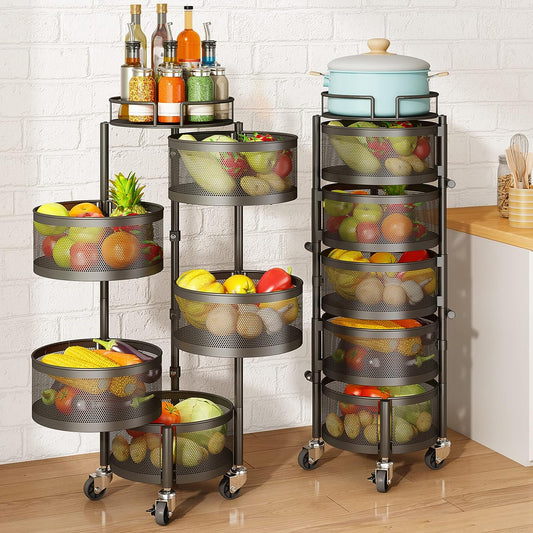 Fruit and Vegetable Basket Bowls for Kitchen with Metal Top Lid,  5 Tier Rotating Storage Rack Cart for Potato Onion Bread Banana, Wire Basket Organizer on Wheels, Large, Black
