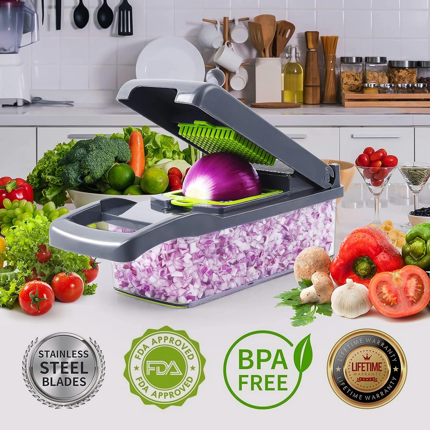 Vegetable Chopper, Pro Onion Chopper, Multifunctional 13 in 1 Food Chopper, Kitchen Vegetable Slicer Dicer Cutter,Veggie Chopper with 8 Blades,Carrot and Garlic Chopper with Container