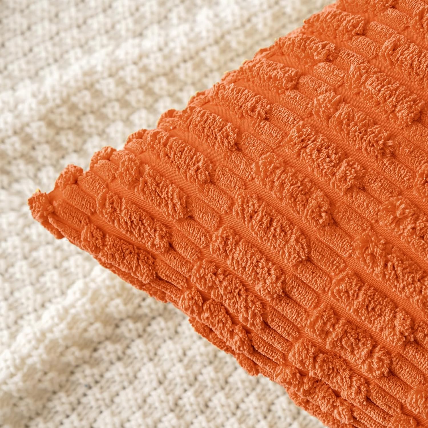 Pack of 2 Decorative Fall Orange Throw Pillow Covers 18X18 Inch Soft Boho Striped Corduroy Pillow Covers Modern Farmhouse Home Decor for Sofa Living Room Couch Bed