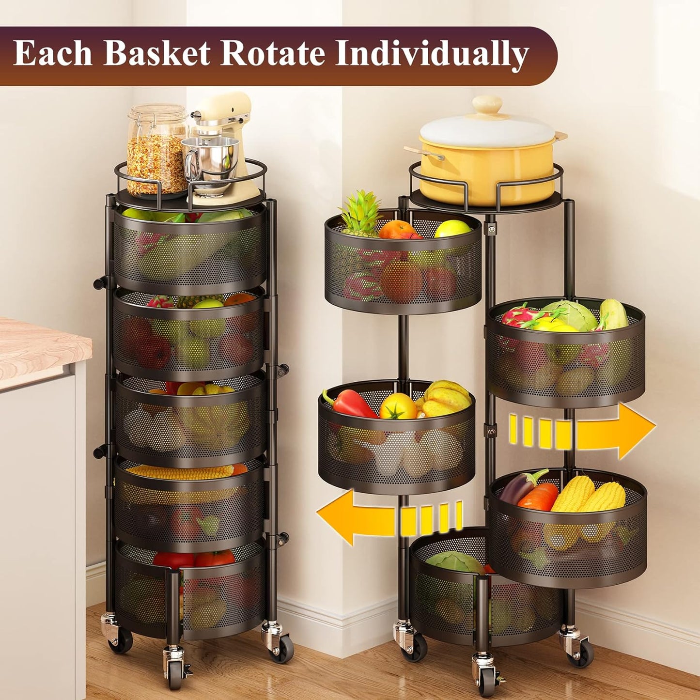 Fruit and Vegetable Basket Bowls for Kitchen with Metal Top Lid,  5 Tier Rotating Storage Rack Cart for Potato Onion Bread Banana, Wire Basket Organizer on Wheels, Large, Black
