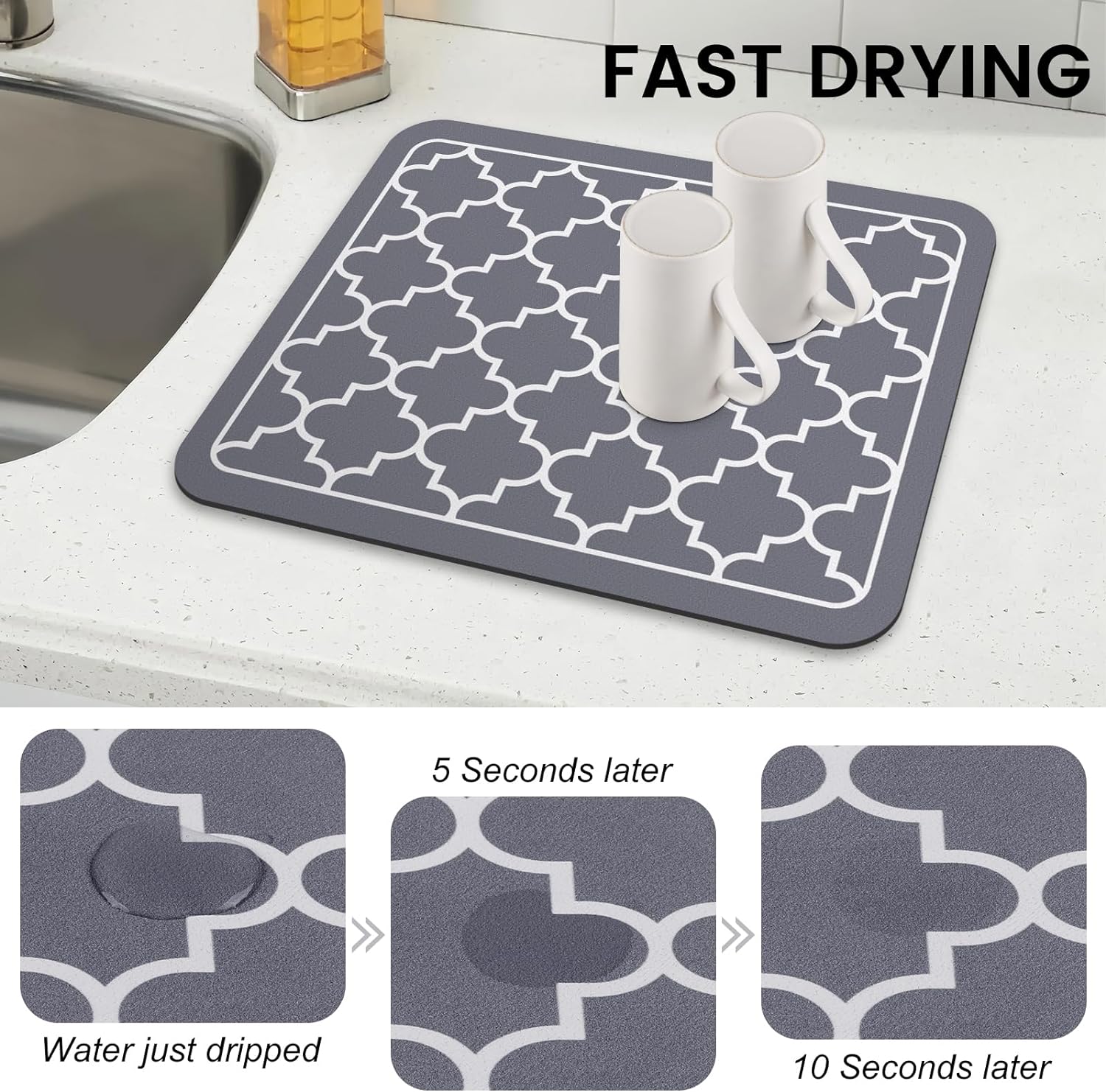 Dish Drying Mat Coffee Mat Super Absorbent Drying Mat Large Dish Drying Mats for Kitchen Counter Easy Clean Dish Mat Kitchen Drying Mat 15" X 18" Grey
