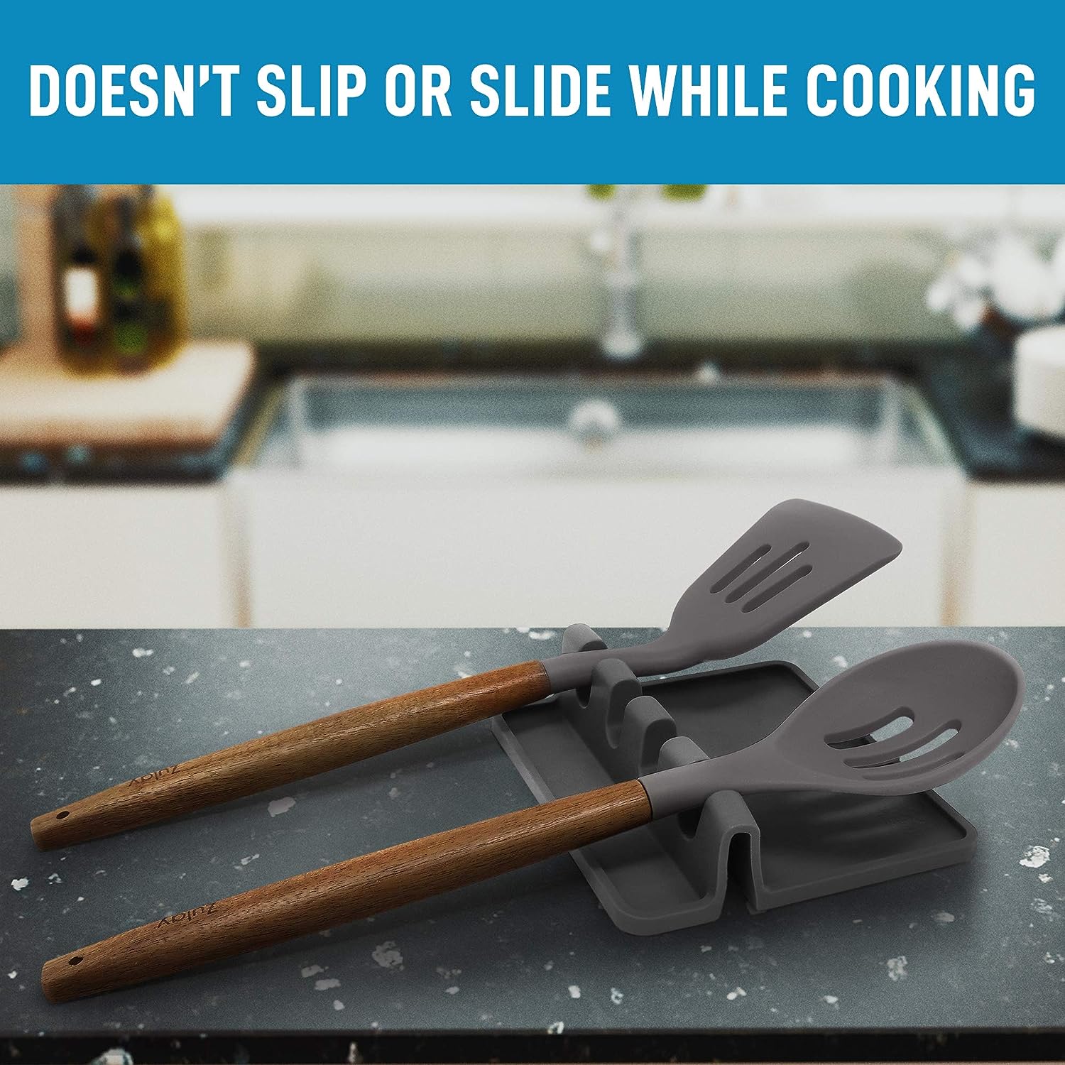 Silicone Utensil Rest with Drip Pad for Multiple Utensils - Bpa-Free, Heat-Resistant Spoon Rest & Spoon Holder for Stove Top - Kitchen Utensil Holder for Ladles & Tongs - Gray