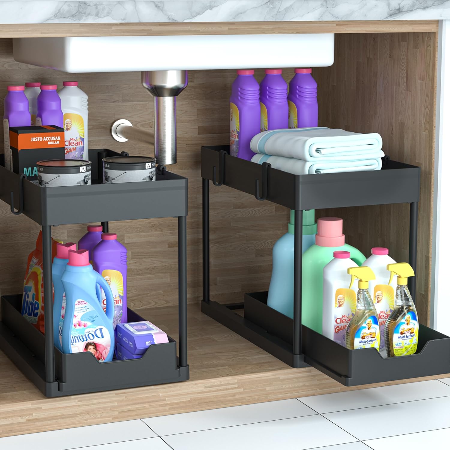 under Sink Organizer 2 Pack，Bathroom Cabinet Organizer，2 Tier Sliding Cabinet Basket Organizer Drawer, Multi-Purpose Bath Collection Baskets for Bathroom (Black)
