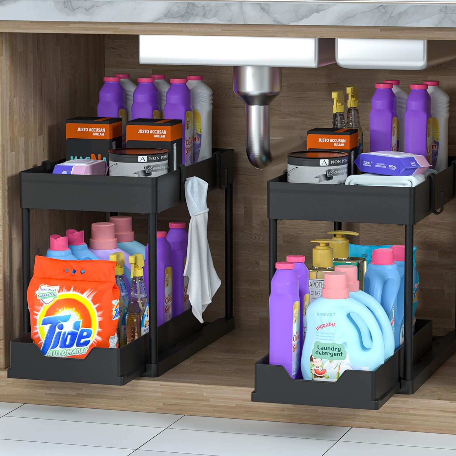 under Sink Organizer 2 Pack，Bathroom Cabinet Organizer，2 Tier Sliding Cabinet Basket Organizer Drawer, Multi-Purpose Bath Collection Baskets for Bathroom (Black)