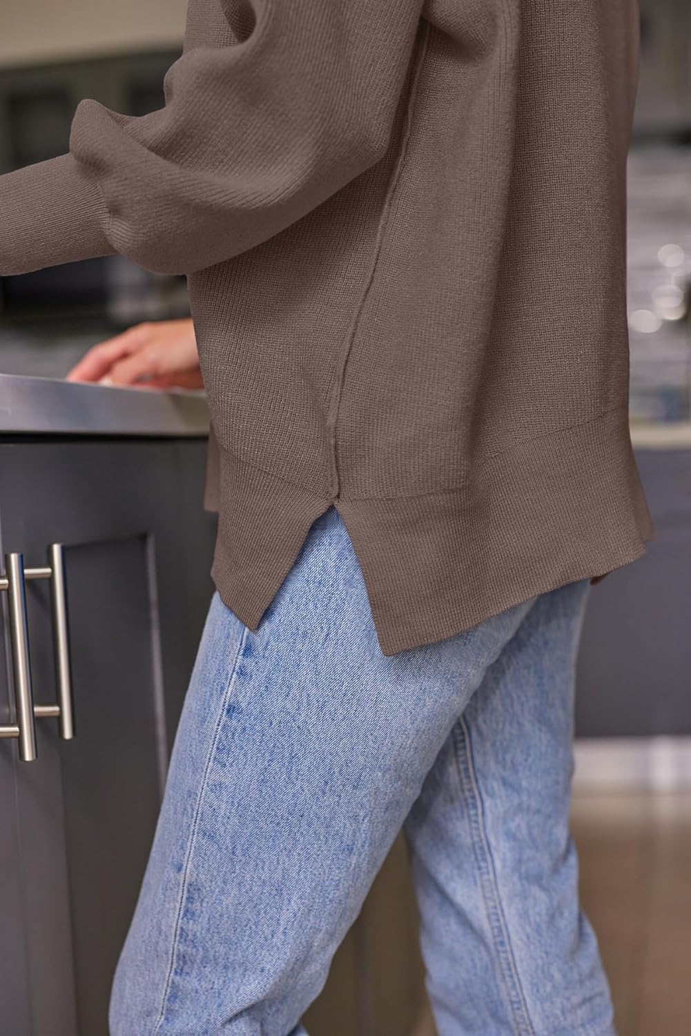 Women'S Crewneck Batwing Long Sleeve Sweater 2023 Fall Oversized Ribbed Knit Side Slit Pullover Top