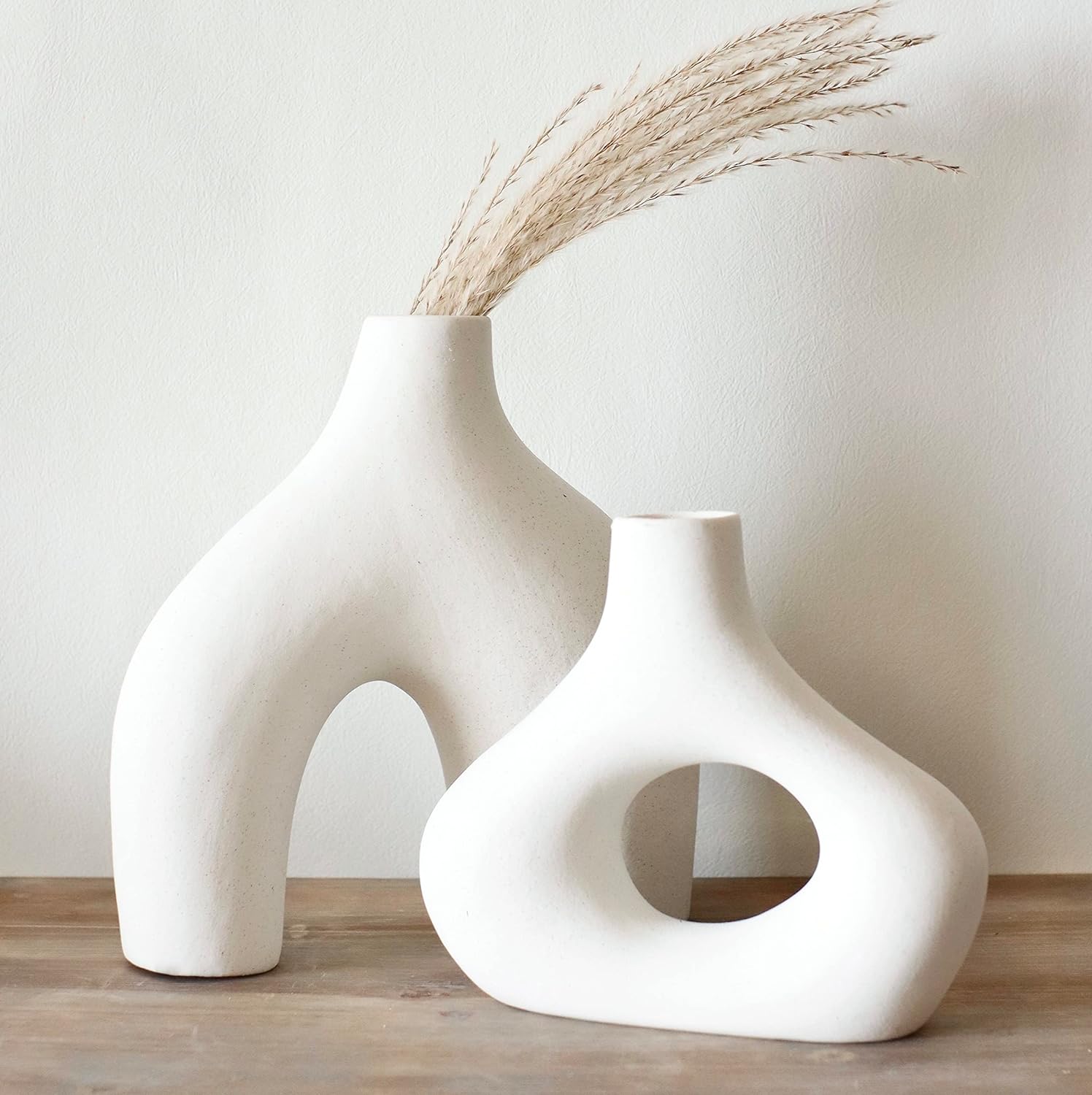 Donut Vase, Set of 2 - Minimalist Nordic Style, White Ceramic Hollow Donut Vase Decor | Table Centerpiece, Boho, Wedding, Living Room, Bookshelf, Office, Modern Home Decor (Warm White)