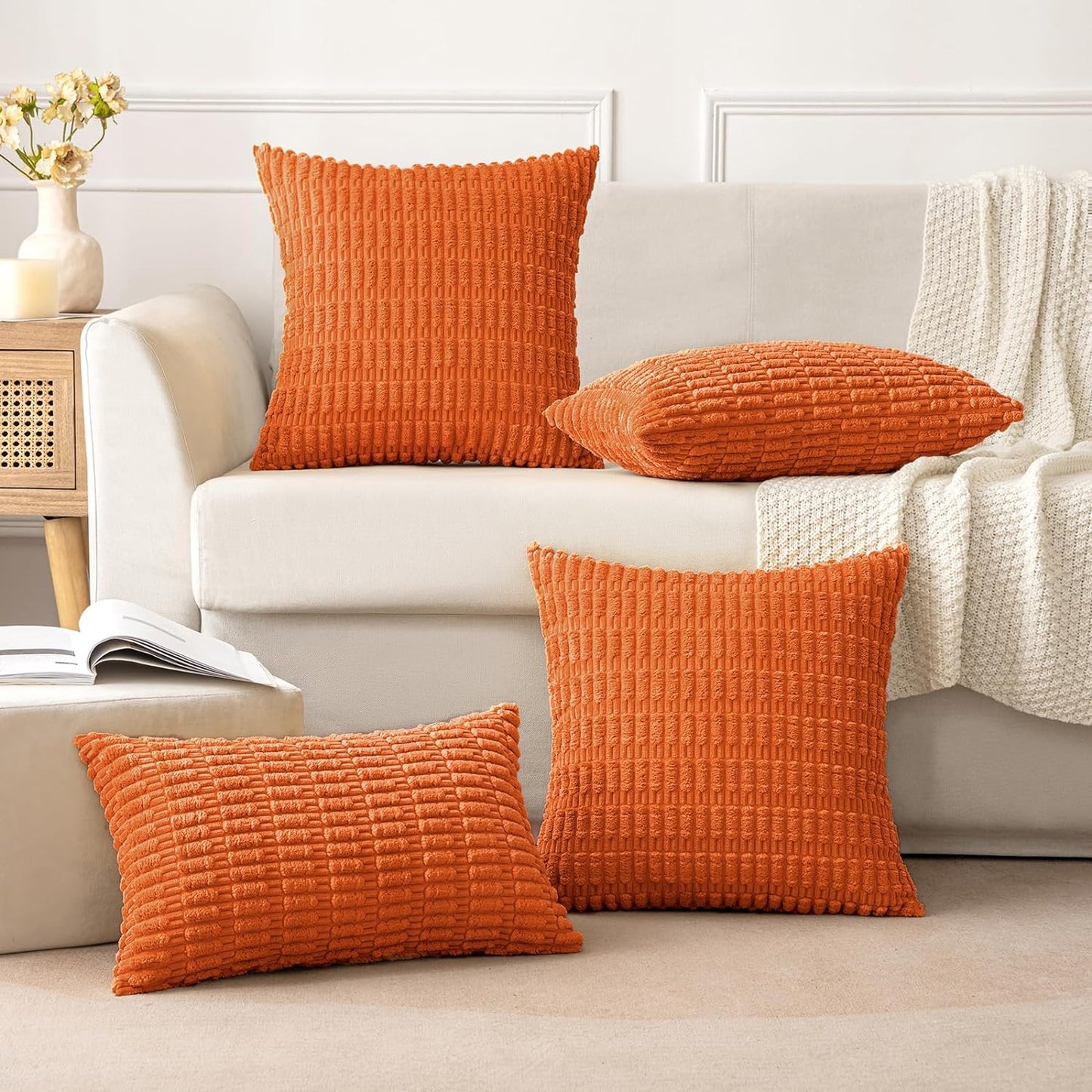Pack of 2 Decorative Fall Orange Throw Pillow Covers 18X18 Inch Soft Boho Striped Corduroy Pillow Covers Modern Farmhouse Home Decor for Sofa Living Room Couch Bed