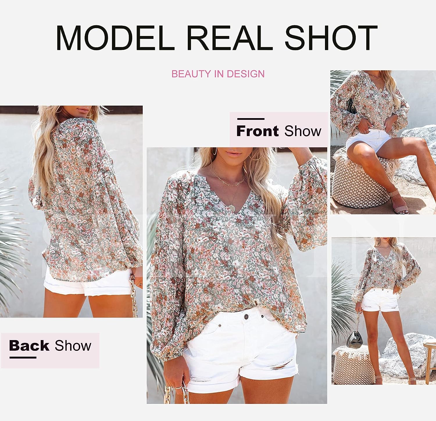 Women'S Casual Boho Floral Print V Neck Long Sleeve Loose Blouses Shirts Tops