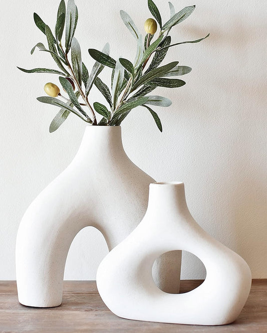 Donut Vase, Set of 2 - Minimalist Nordic Style, White Ceramic Hollow Donut Vase Decor | Table Centerpiece, Boho, Wedding, Living Room, Bookshelf, Office, Modern Home Decor (Warm White)