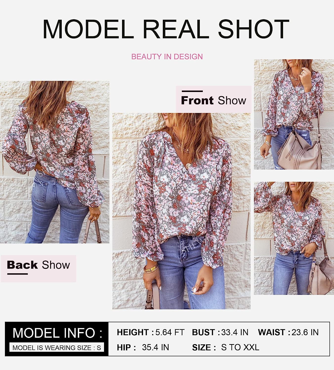 Women'S Casual Boho Floral Print V Neck Long Sleeve Loose Blouses Shirts Tops