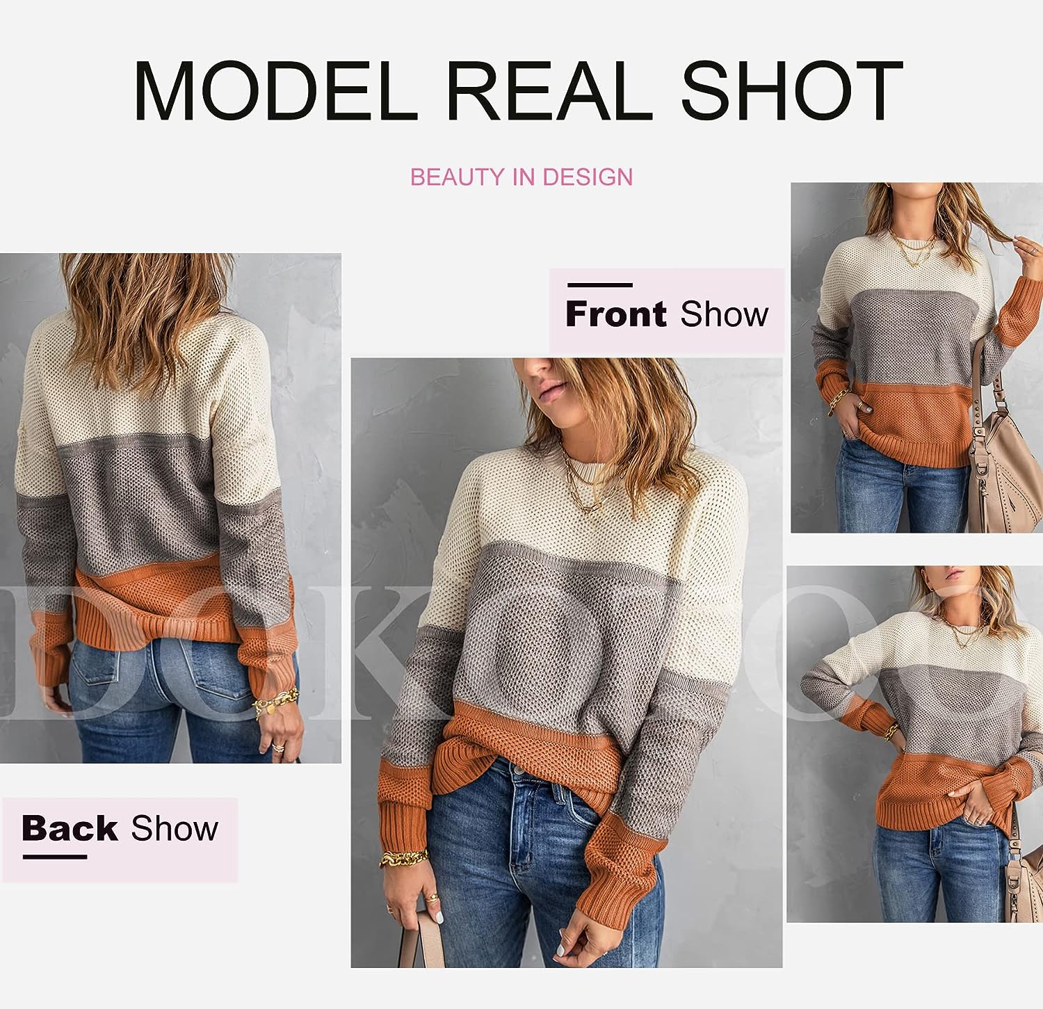 Womens Color Block Sweaters Long Sleeve Crewneck Pullover Knit Jumper Tops