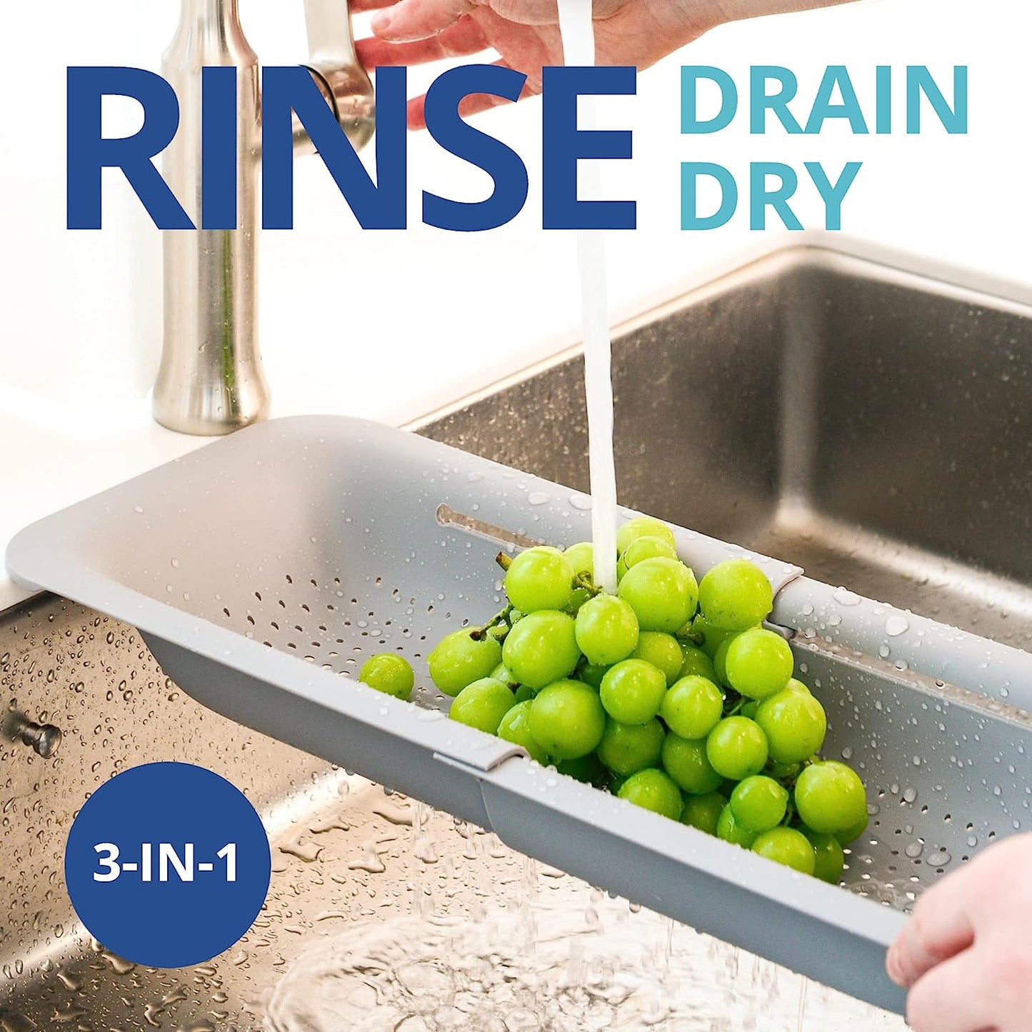 over the Sink Colander Strainer Basket - Wash Vegetables and Fruits, Drain Cooked Pasta and Dry Dishes - Extendable - New Home Kitchen Essentials (7.9W X 14-19L X 2.75H) - Gray