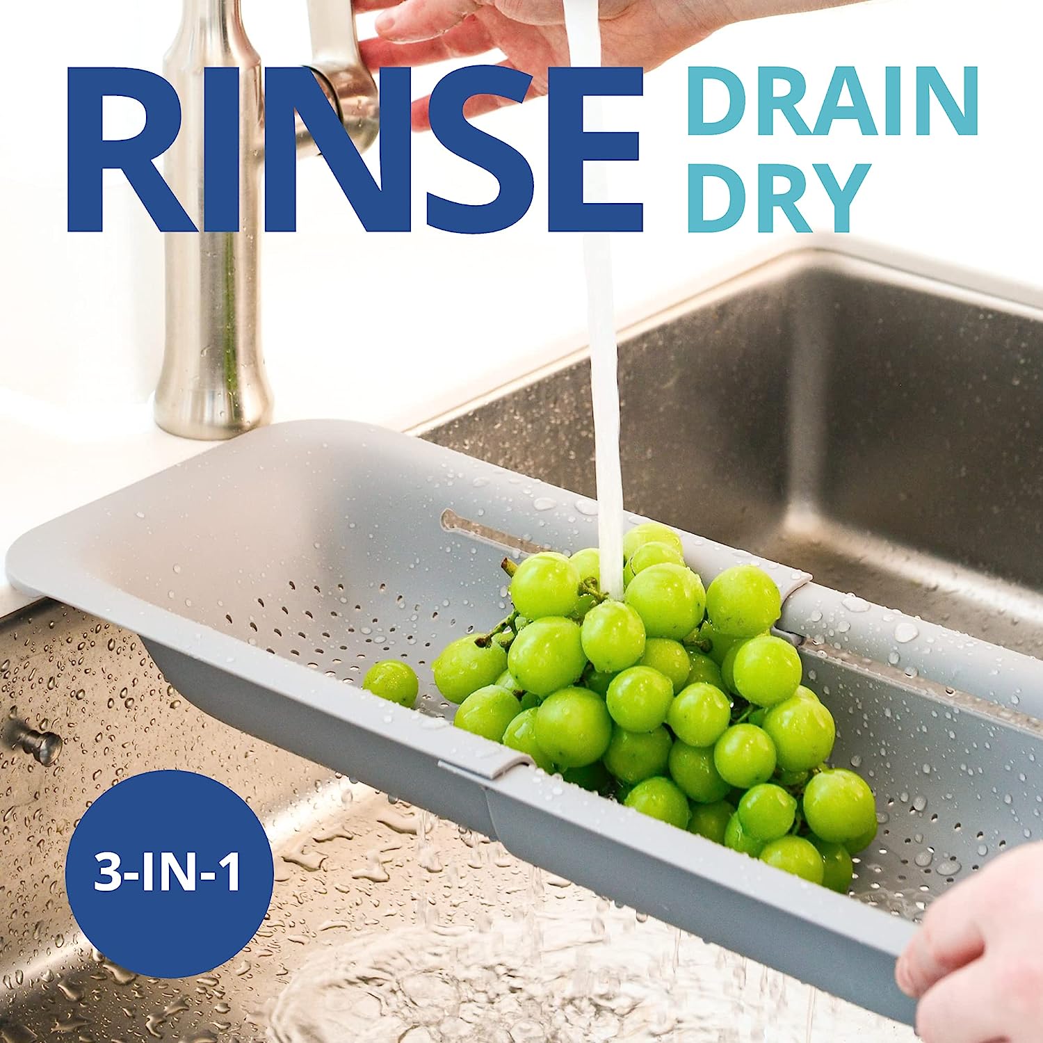 over the Sink Colander Strainer Basket - Wash Vegetables and Fruits, Drain Cooked Pasta and Dry Dishes - Extendable - New Home Kitchen Essentials (7.9W X 14-19L X 2.75H) - Gray