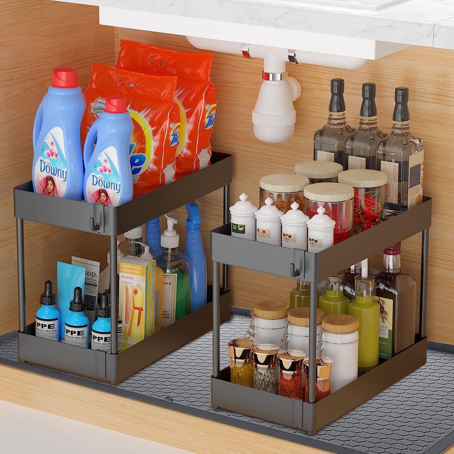 under Sink Mat for [34" X 22"] Cabinet, Silicone Waterproof Mat, Kitchen Cabinet Liner Holds over 2.2 Gallons, Cabinet Protector, under Sink Tray for Drips, Leaks, Spills (Grey)