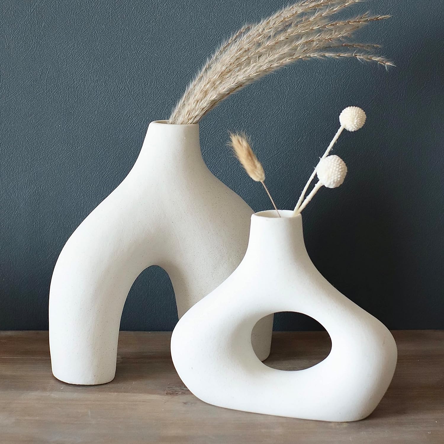 Donut Vase, Set of 2 - Minimalist Nordic Style, White Ceramic Hollow Donut Vase Decor | Table Centerpiece, Boho, Wedding, Living Room, Bookshelf, Office, Modern Home Decor (Warm White)