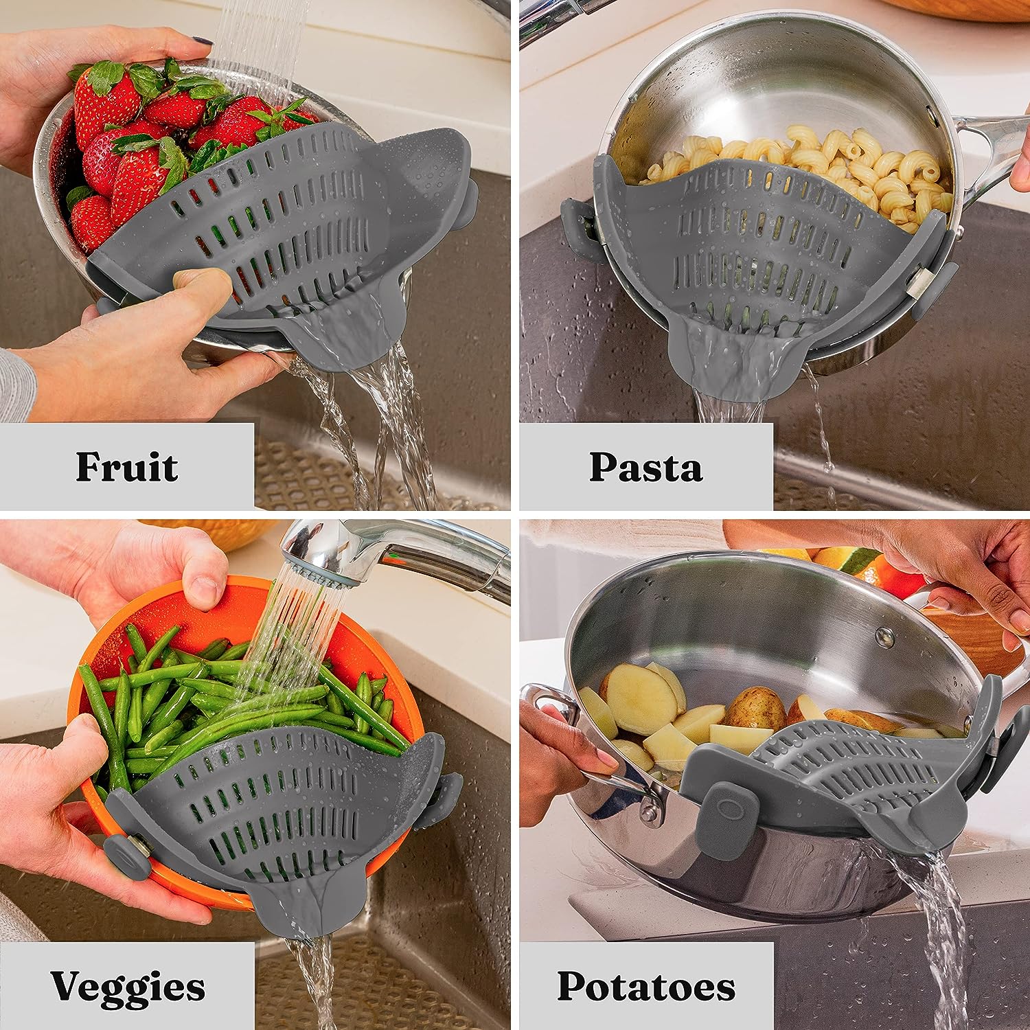 Snap N Strain Pot Strainer and Pasta Strainer - Adjustable Silicone Clip on Strainer for Pots, Pans, and Bowls - Kitchen Colander, Kitchen Gadgets, Noodle Strainer, Food Strainer - Gray