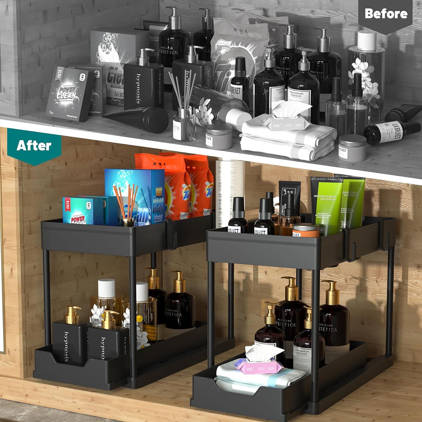 under Sink Organizer 2 Pack，Bathroom Cabinet Organizer，2 Tier Sliding Cabinet Basket Organizer Drawer, Multi-Purpose Bath Collection Baskets for Bathroom (Black)
