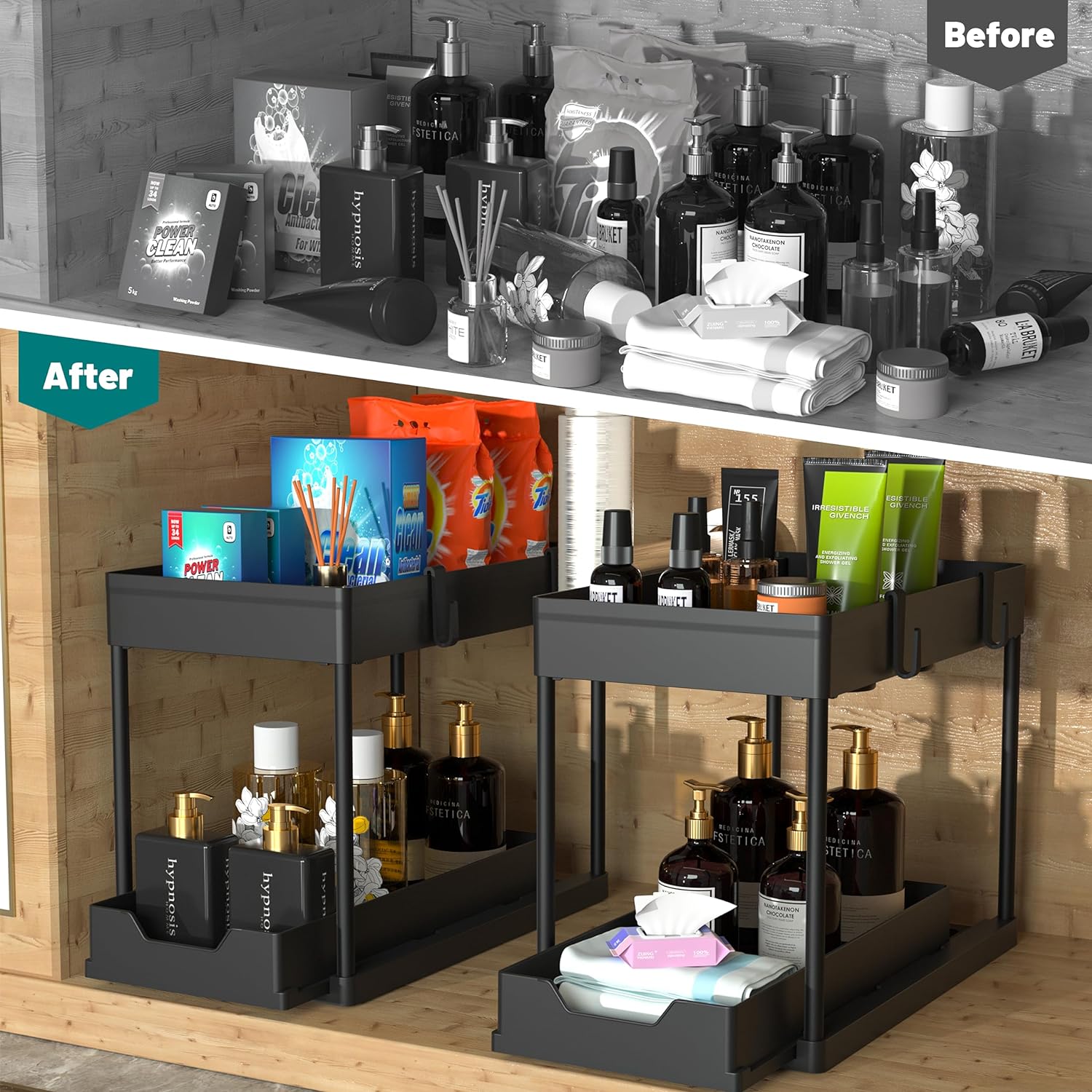 under Sink Organizer 2 Pack，Bathroom Cabinet Organizer，2 Tier Sliding Cabinet Basket Organizer Drawer, Multi-Purpose Bath Collection Baskets for Bathroom (Black)
