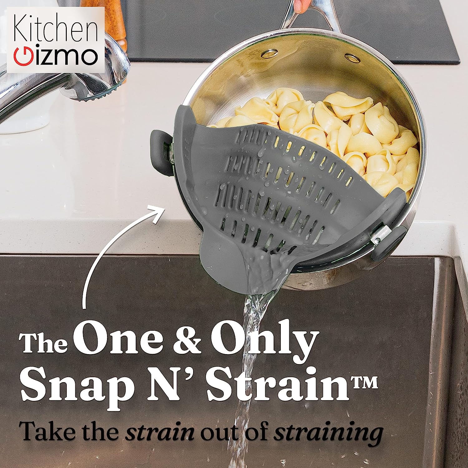 Snap N Strain Pot Strainer and Pasta Strainer - Adjustable Silicone Clip on Strainer for Pots, Pans, and Bowls - Kitchen Colander, Kitchen Gadgets, Noodle Strainer, Food Strainer - Gray