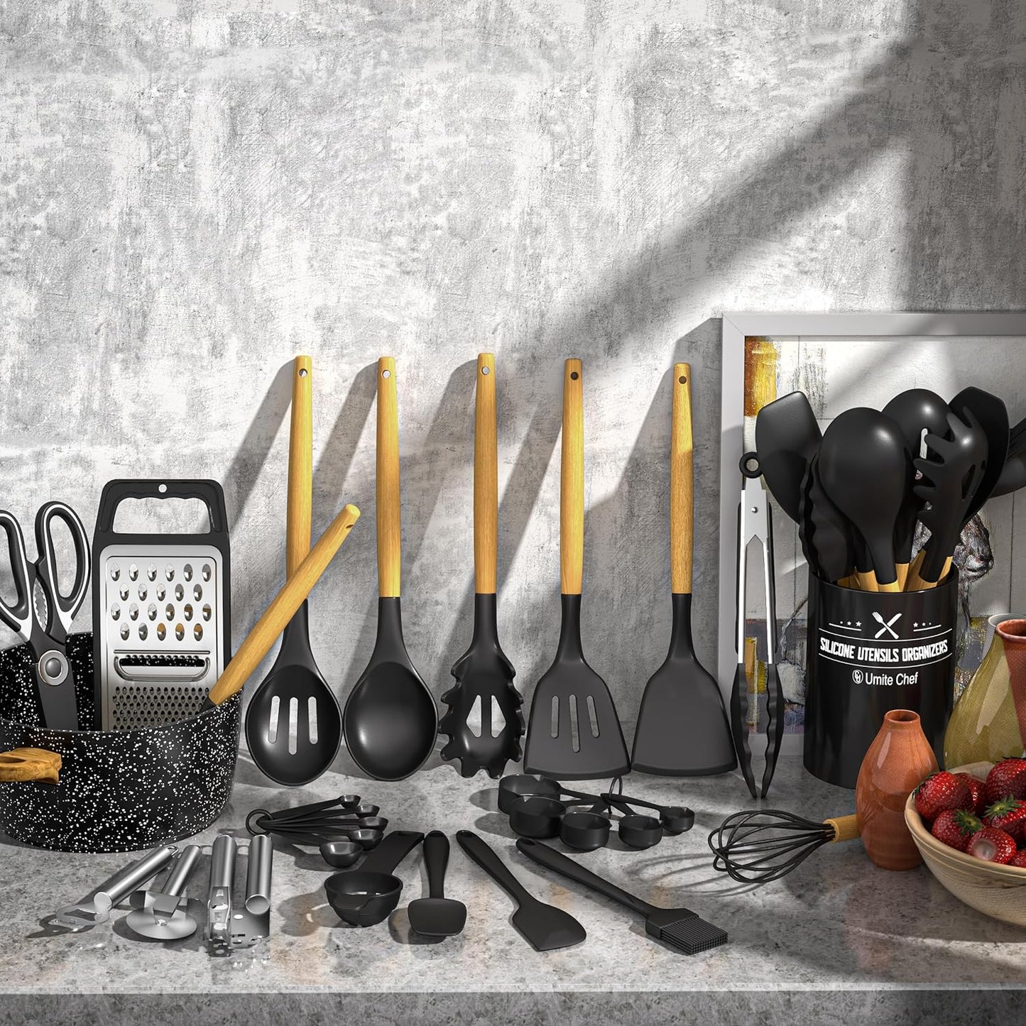 Kitchen Utensils Set- 34PCS Silicone Cooking Utensils with Holder,  Heat Resistant Kitchen Utensil Spatula Set for Nonstick Cookware, Black Wooden Handles Kitchen Gadgets Tools Set