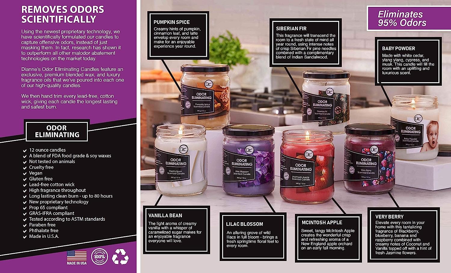 Vanilla Bean Odor Eliminating Highly Fragranced Candle - Eliminates 95% of Pet, Smoke, Food, and Other Smells Quickly - up to 80 Hour Burn Time - 12 Ounce Premium Soy Blend